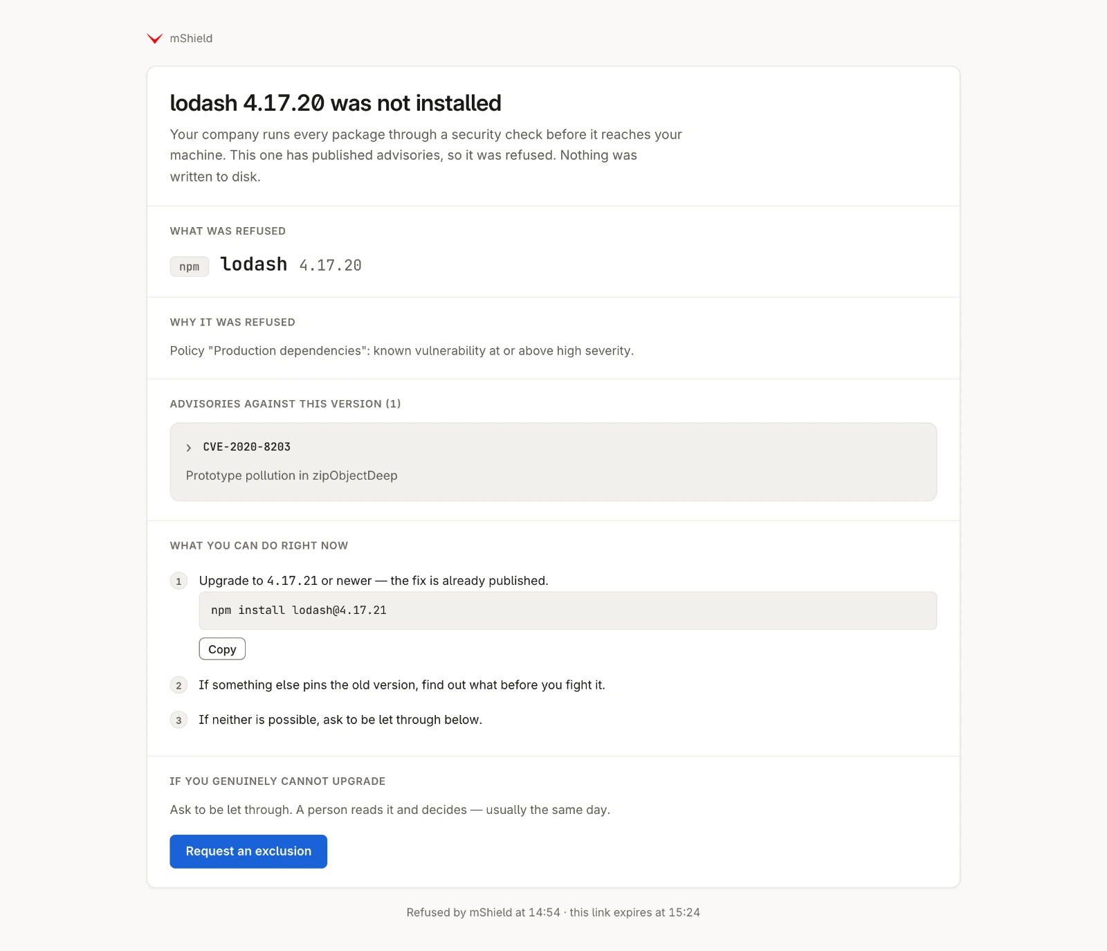 Blocked package details with the policy reason, advisory, suggested upgrade, and an option to request an exclusion.